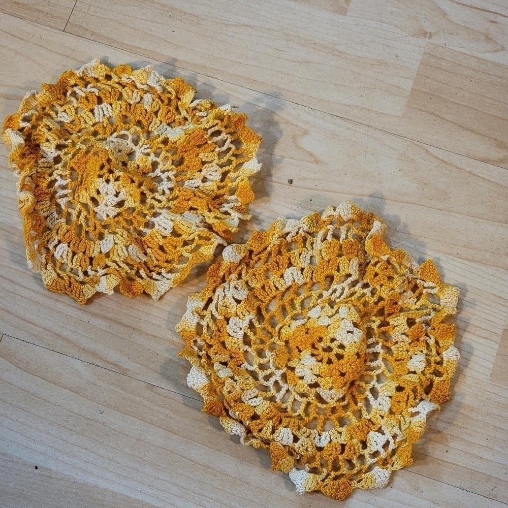 Vintage Crochet Doilies Set 3 Yellows Handmade Old Fashioned Cotton Lace